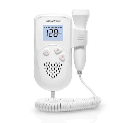 Portable Fetal Heart Rate Monitor for Home Pregnancy Use - handheld white fetal doppler with LCD showing 128 bpm, probe and coiled cable