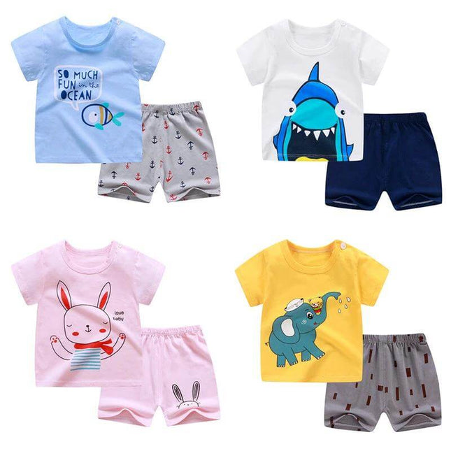 Soft Cotton Short Sleeve T-Shirt and Shorts for Toddlers – four colorful matching sets with animal and ocean prints for 1-3 year olds