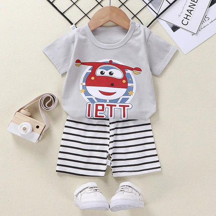 Soft Cotton Short Sleeve T-Shirt and Shorts for Toddlers gray airplane graphic tee with striped shorts set for 1-3 year olds