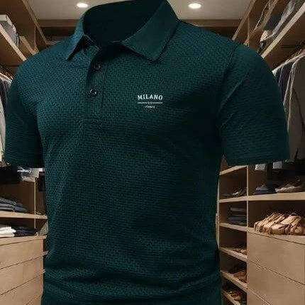 Men's Solid Color Short-Sleeved Lapel Polo Shirt for Casual Wear - dark green pinhole cloth polo styled with Milano logo, paired with jeans or chinos