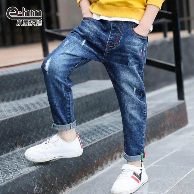 Boys' Blue Denim Jeans for Casual Everyday Wear, Ages 8 and Up - comfortable 95% cotton distressed slim fit for school and play