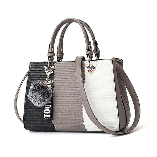 Patchwork Shoulder Bag In PU Leather With Hairball 29cm