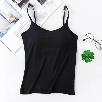 Comfortable Women's Wireless Seamless Bra with Spaghetti Straps - black modal cotton camisole for smooth, wire-free daily wear under t-shirts and dresses