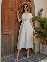 Elegant Cotton Midi Shirt Dress with Flattering Knotted Waist Detail