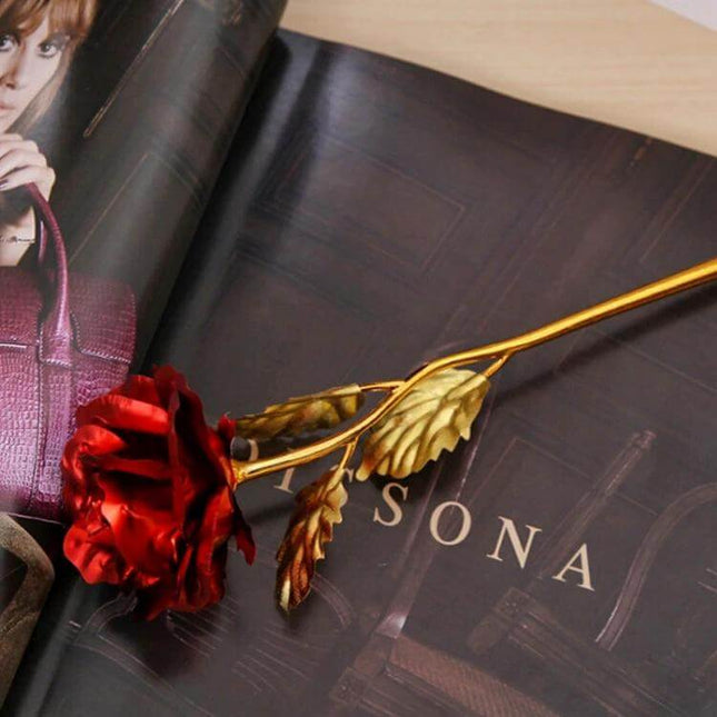 24K Gold Foil Decor Rose, Random Color Delivery For Home Decor - red artificial rose with gold foil stem and leaves on magazine, gift box included