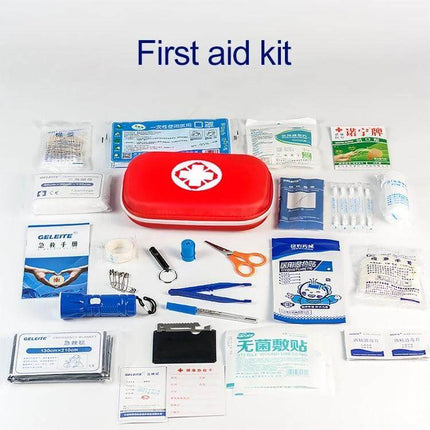 25 In 1 EVA Emergency Survival Kit For Car And Home Use red nylon first aid kit with supplies laid out in waterproof pouch