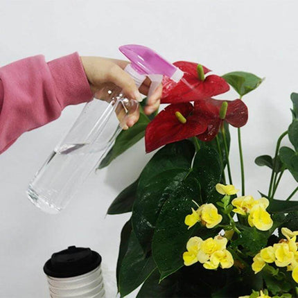 250ml Disinfection Spray Bottle for Everyday Home Cleaning being used to mist indoor plants with a pink handle nozzle
