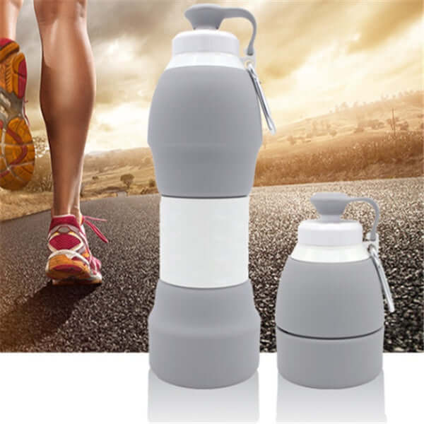 Silicone folding water bottle in two sizes, designed for active lifestyles, shown against a running path backdrop.