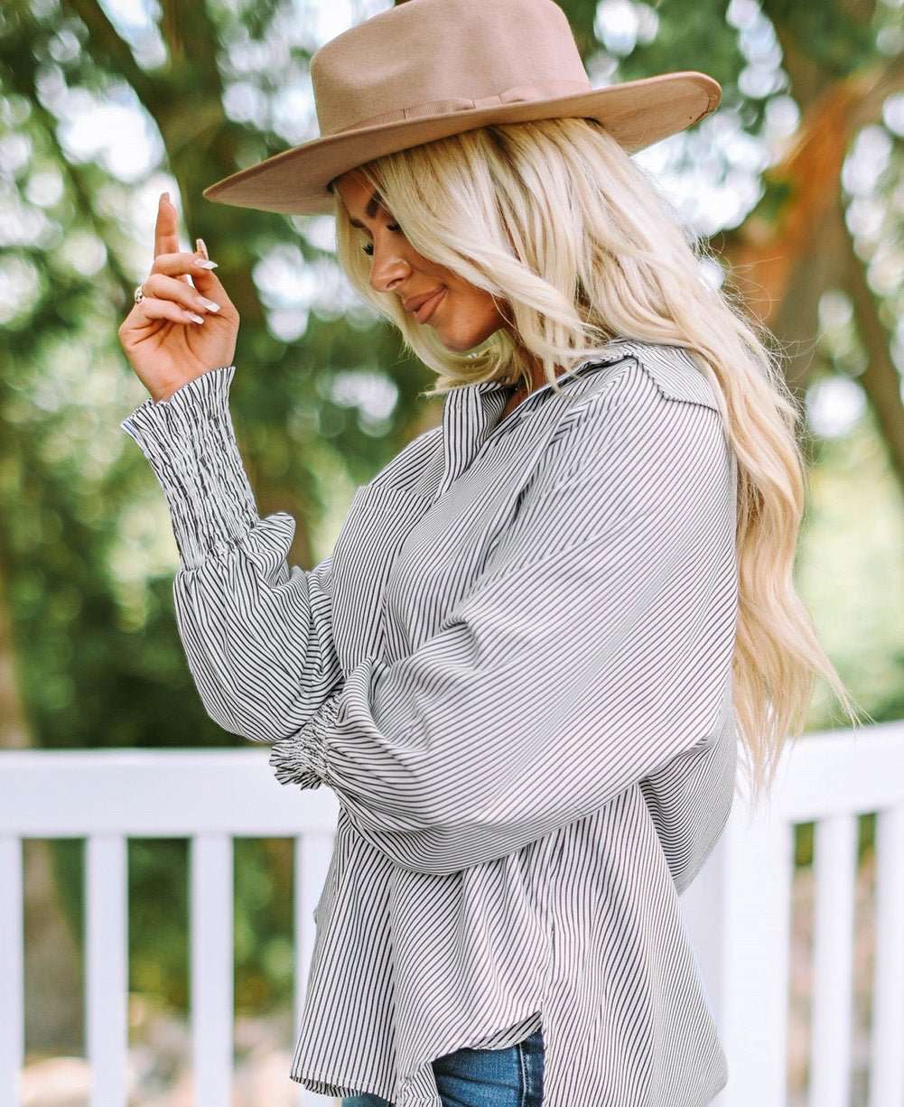 Striped Lantern Sleeve Collared Shirt