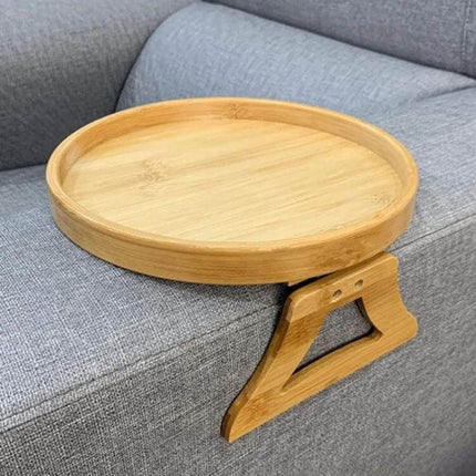 25cm Foldable Sofa Round Tray For Couch Armrest Wood Bamboo - bamboo armrest table holding drinks and snacks on grey sofa