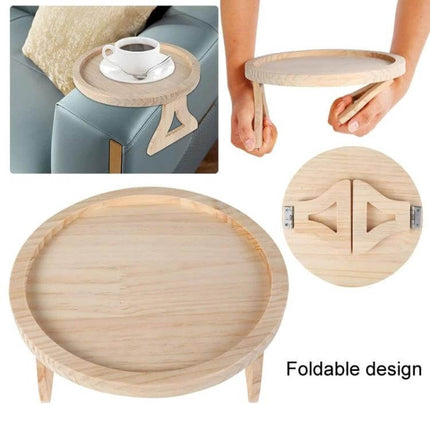 25cm Foldable Sofa Round Tray For Couch Armrest Wood Bamboo - pine/bamboo armrest table for drinks and snacks, foldable legs for clutter-free living room