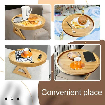 25cm Foldable Sofa Round Tray For Couch Armrest Wood Bamboo on armrest holding mug, burger, fries and phone, pine or bamboo finish