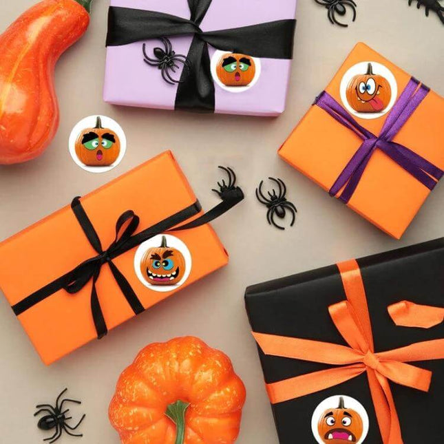 25mm Round Halloween Pumpkin Label Stickers, 500 Pcs Roll on orange and purple gift boxes with pumpkin stickers and spider decorations