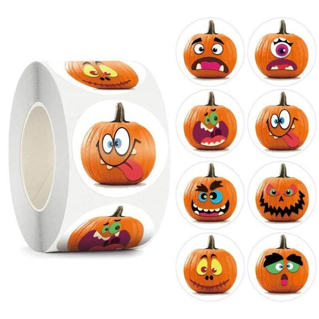 25mm Round Halloween Pumpkin Label Stickers, 500 Pcs Roll - eco-friendly round pumpkin face stickers on a roll for party favors, treat bags, crafts (25mm)