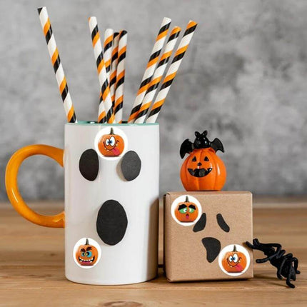 25mm Round Halloween Pumpkin Label Stickers, 500 Pcs Roll on ghost mug and kraft gift box with striped straws and pumpkin decor