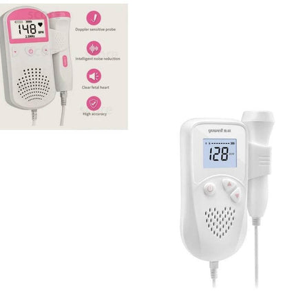 Portable Fetal Heart Rate Monitor for Home Pregnancy Use handheld doppler device with probe and LCD showing fetal heartbeat 128 BPM