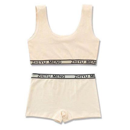 Comfortable Pure Cotton Underwear Set for Children Aged 7-14 - 100% cotton vest-style bra and matching shorts in cream for daily comfort