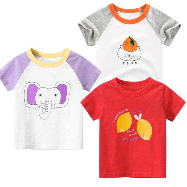 27home Girls Summer Short-Sleeve T-Shirt Princess Print 3-8Y - Three colorful girls cotton tees with animal and fruit prints for summer play