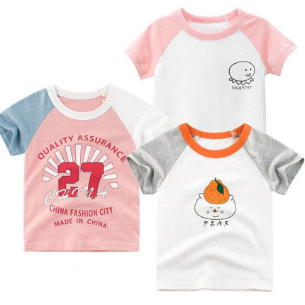 27home Girls Summer Short-Sleeve T-Shirt Princess Print 3-8Y - white and pink cotton tee with playful princess and fruit prints