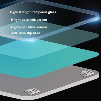 28cm Smart Electronic Scales For Home Use With Easy Read Display showing tempered glass, high-sensitivity sensor, 5mm platform and ABS non-slip base
