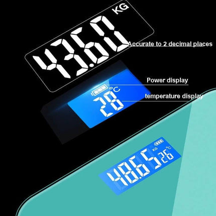 28cm Smart Electronic Scales For Home Use With Easy Read Display showing large LCD weight, temperature and battery icons on tempered glass platform