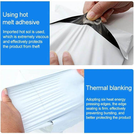 28x40cm Waterproof Packaging Bags, 100 Pcs Per Roll showing hot melt adhesive tear-and-seal and thermal edge banding for secure, waterproof shipping