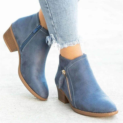 Suede Ankle Boots With Wedge Heel And Waterproof Platform in blue suede with side zippers and low stacked heel for city commuting