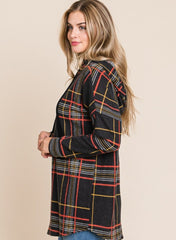 BOMBOM Drawstring Plaid Long Sleeve Hoodie