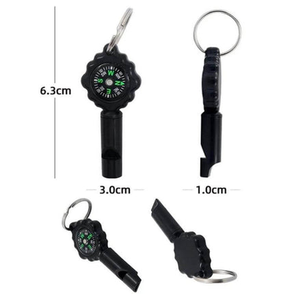 2 In 1 Whistle Compass For Outdoor Survival With Mountaineering Buckle - compact black whistle with compass, keyring and mountaineering buckle