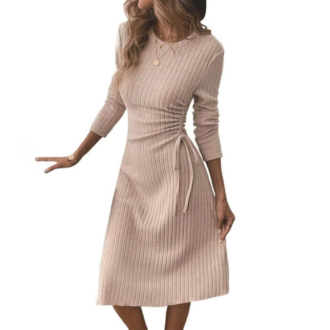 Women's Apricot Long Sleeve Casual Dress for Everyday Wear - ribbed polyester pullover with elastic waist and side tie, midi length, casual errands outfit