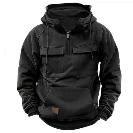 Men's Casual Zip-Up Hoodie with Drawstring and Pockets in black polyester, zip front, drawstring hood and front pockets