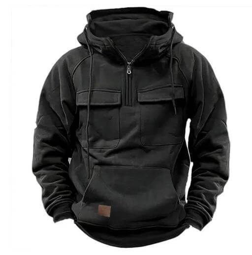 Men's Casual Zip-Up Hoodie with Drawstring and Pockets in black polyester fiber, zip front, drawstring hood and pockets, sizes M-XXXL