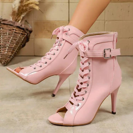 Pointed Peep Toe Stiletto Ankle Booties For Women Lace Up