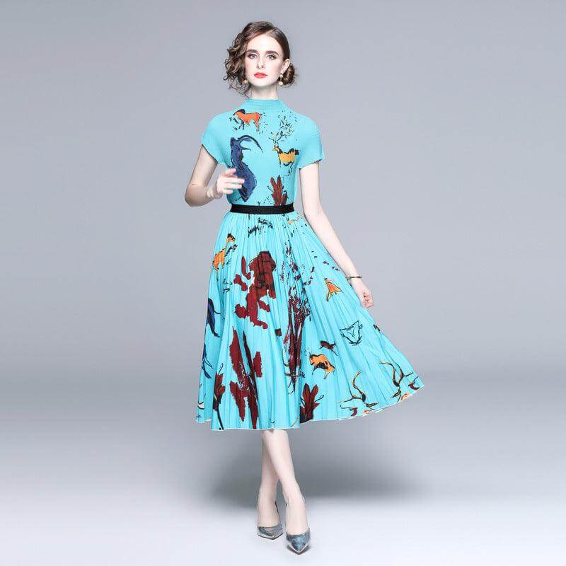 Chic Ethnic Style Printed Stand Collar Two-Piece Pleated Fashion Suit Set in Mesh Fabric