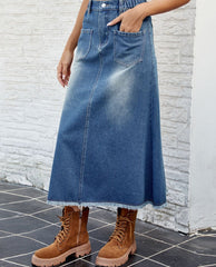 Raw Hem Buttoned Denim Skirt with Pockets