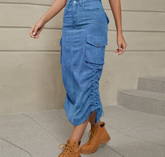 Drawstring Ruched Slit Denim Midi Skirt