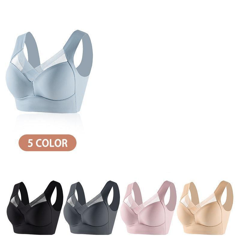 Elegant plus size wireless bra with adjustable thin push-up seamless design in five color options including blue, black, grey, pink, and beige