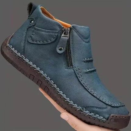 Men's Plus Size Chelsea Slip On Casual High Top Shoes in blue artificial PU with zipper, elastic side panels and stitched rubber sole