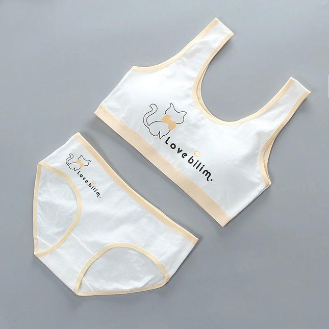 Girls' Pure Cotton Vest Bra Set for Everyday Comfort - white cotton girls vest bra set with beige trim and cat print
