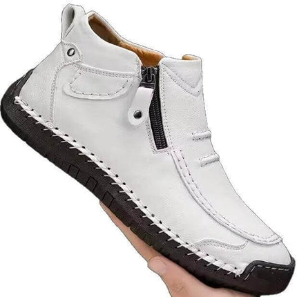 Men's Plus Size Chelsea Slip On Casual High Top Shoes white PU high-top with side zipper and black stitched sole