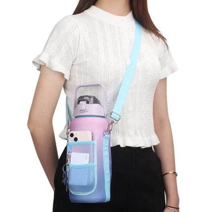 2L Gradient Water Bottle Cover With Strap Purple Orange - padded sleeve with pockets and adjustable shoulder strap shown on model