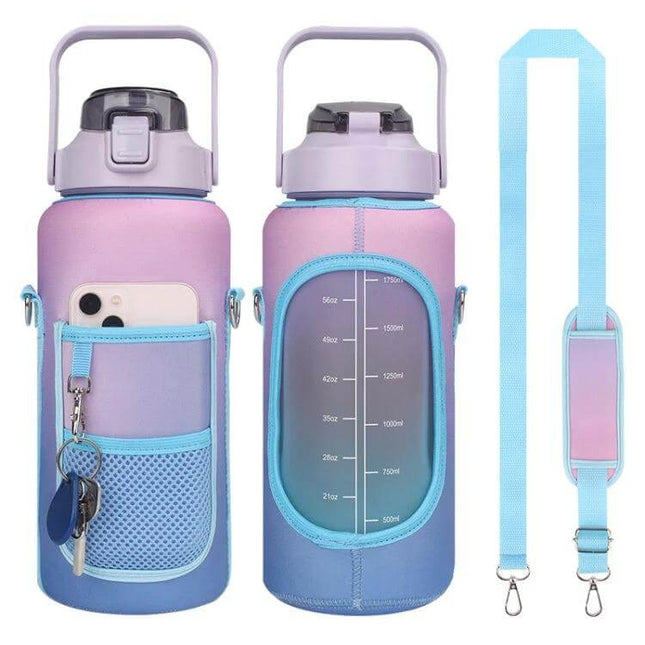 2L Gradient Water Bottle Cover With Strap Purple Orange - padded 2L sleeve with pocket, keys, and adjustable shoulder strap for hiking and gym