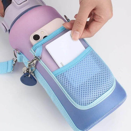 2L Gradient Water Bottle Cover With Strap Purple Orange — padded sleeve with mesh pocket and adjustable strap holding phone and card