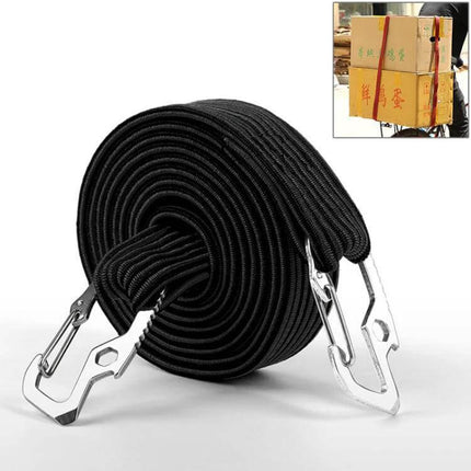 2m Elastic Strapping Rope With Hook For Bike Or Motorcycle Back Seat – black nylon strap with carbon steel hooks securing boxes on rear rack
