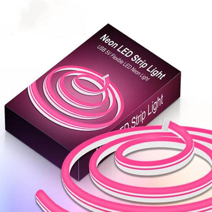 2m USB LED Light Strip Pink for Cozy Home Mood Lighting - pink USB neon LED strip coiled with packaging showing waterproof flexible silicone sleeve