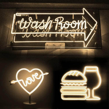 2m USB LED Light Strip Pink for Cozy Home Mood Lighting showing warm neon-style signs: washroom arrow, love heart, burger and glass décor