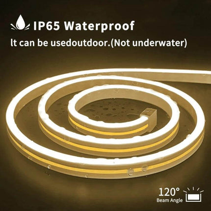 Alt Tag: 2m USB LED Light Strip Pink for Cozy Home Mood Lighting showing IP65 waterproof flexible silicone strip coiled with warm white glow