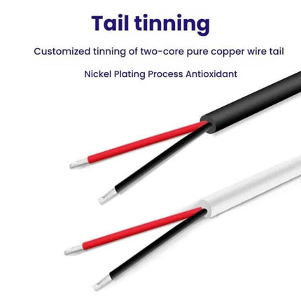 2m USB Power Cable With On Off Button For LED Light Strips showing tinned two-core red and black wires with nickel-plated ends