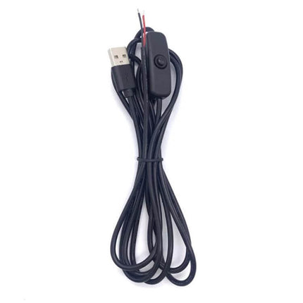 2m USB Power Cable With On Off Button For LED Light Strips - black USB cable with inline on/off switch and bare wire leads for LED strip power