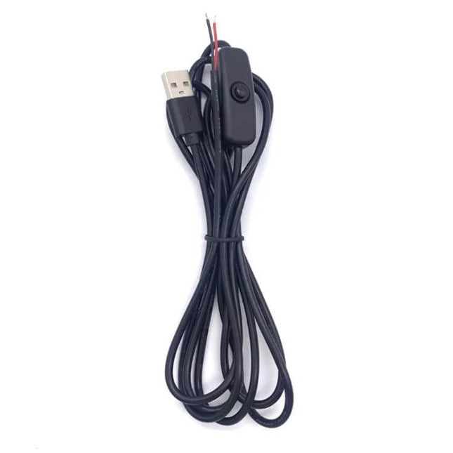 2m USB Power Cable With On Off Button For LED Light Strips - black USB cable with inline on/off switch and bare wire leads for LED strip power